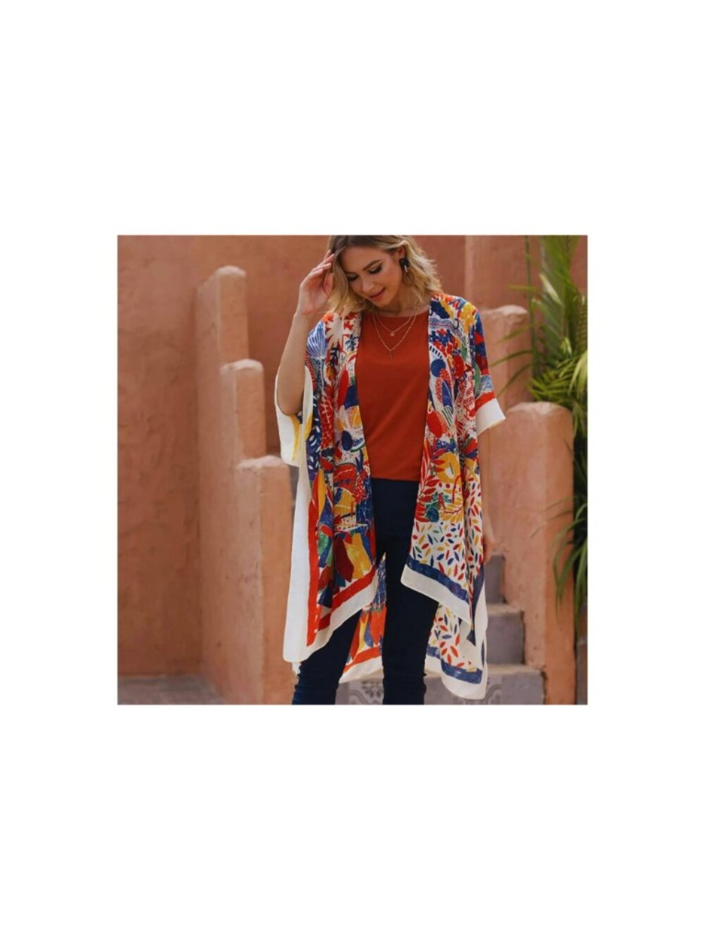 Red Abstract Tropical Tassel Kimono Beach Coverup One Size Cruise Travel Vacatio - Picture 5 of 5